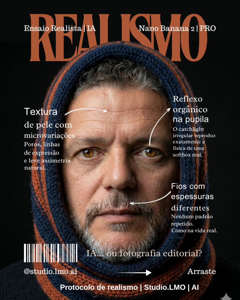 Mesmo retrato com o protocolo Studio.LMO: textura de pele, poros e fios visíveis