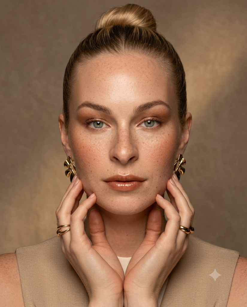 Retrato de beleza em close com pele texturizada e joias douradas, produzido com o protocolo Studio.LMO